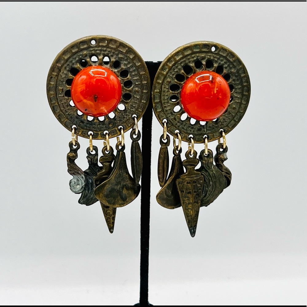 Vintage clip on dangle earrings antique bronze red orange fringe
